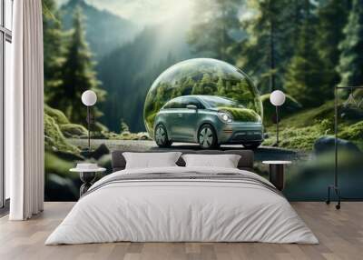 Eco car on a forest road with earth planet through the forest, healthy environment road trip, an eco-car with nature, electric car and electric EV of the earth for the environment. Wall mural