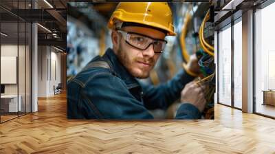 Electrician expertly handling cables on a construction site during house reconstruction. Skillfully repairing household lighting fixtures. Wall mural