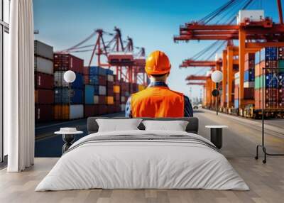 Engineer and tablet at container yard from cargo ship for import-export Port control officer Wall mural