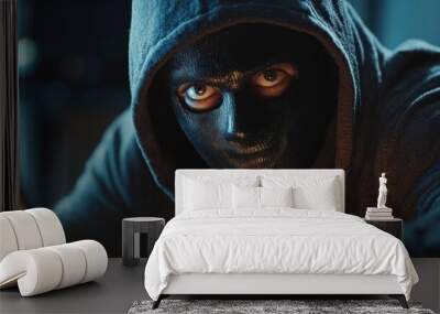 Financial criminal hacker in a scary mask, secretly plotting online fraud schemes Wall mural