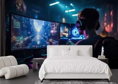 Gamers are playing online in front of the computer with Racing Game Controller. Wall mural