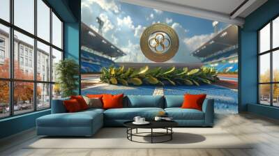 Gold Olympic medals and laurel wreaths on open stadium podiums Wall mural