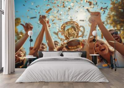 Group of people holding a gold trophy, cheering for their favorite team Wall mural