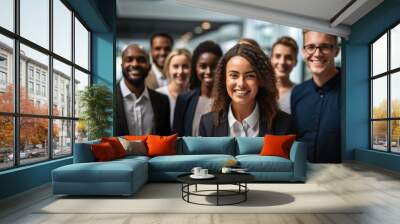 Happy diverse business team standing together in office International young professional smiling corporate employee with senior leaders looking at camera Wall mural