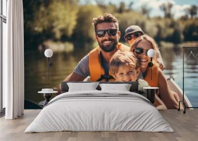 Happy family with two kids enjoying kayak ride on beautiful river. Wall mural