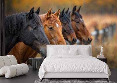 horses - horses putting their heads together - equestrian group - horses on a field behind a fence Wall mural