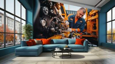 Hydraulic engineer checking safety New installation of modern industrial machinery Collection of industrial work Wall mural