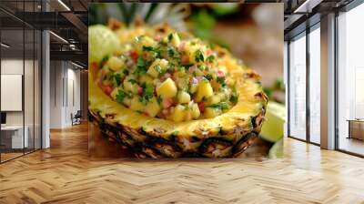 Juicy pineapple salsa served in a pineapple shell, with fresh cilantro and lime wedges Wall mural