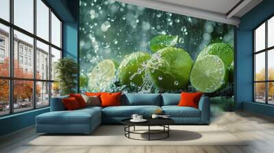 Limes and water splashing in slow motion Wall mural