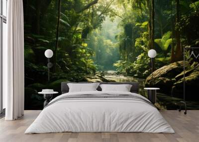 Lush green forest, tropical rainforest, tranquil scene, mysterious Wall mural