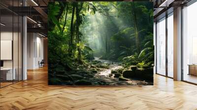 Lush green forest, tropical rainforest, tranquil scene, mysterious Wall mural