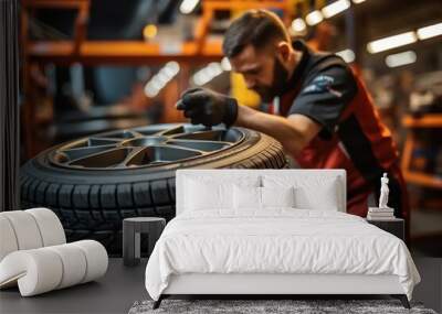 male tire changer Checking the condition of new tires in stock for replacement at a service center or auto repair shop. Tire warehouse for the automobile industry Wall mural