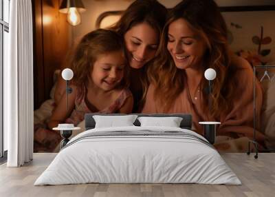 Mother with two daughters holding mobile phone and relaxing in bed at home Wall mural