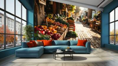 Outdoor roadside market selling natural products small fruit shop of local farmers Wall mural