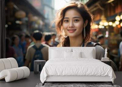 Photograph of a young Asian backpacker at Khao San Road outdoor market in a seasonal white Bangkok telephoto lens. Wall mural