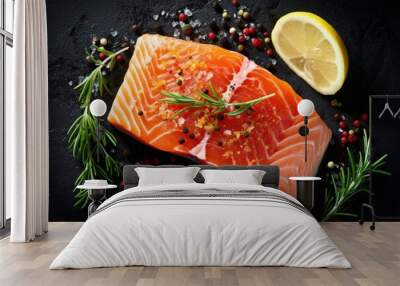 photograph of Fresh raw salmon fish steak with spices on dark stone background. Creative layout made of fish, top view, flat lay macro lens soft lighting Wall mural