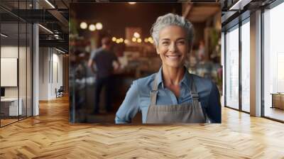 Portrait of a happy woman standing at the door of her shop Cheerful adult waitresses waiting for customers at the cafe. A successful small business owner in a casual gray apron stands at the entrance. Wall mural