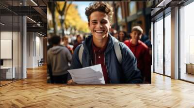 Portrait of cheerful young man holding university acceptance letter or loan approval Express Pride, Excitement, and Gratitude Wall mural