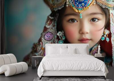 Portrait photography of a young girl in traditional Mongolian costume, highlighting the intricate details of her dress and accessories Wall mural