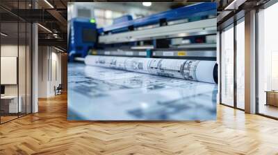 Printing press at work with hands sorting through freshly printed sheets, the machinery capturing the essence of the print industry. Wall mural