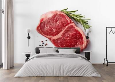 Ribeye steak top view. Raw meat with spices isolated on white background, generative ai Wall mural