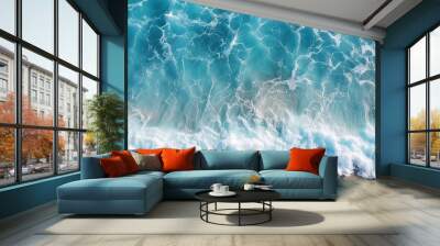 Sea waves on the beach as a background. Beautiful natural summer vacation background. Aerial view of beach and sea with blue water. AI Generative Wall mural