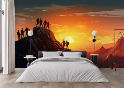 Silhouette of Businessman Climbing Mountain and Helping at Sunset Help and assistance concept. Work as a team. Conquer the goal. Vector illustration. Wall mural