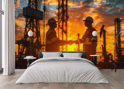 Silhouettes of two engineers holding hands holding a company contract outside in front of a gas station. People wearing helmets working in oil fields Wall mural