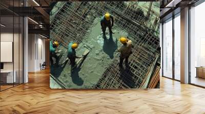 Site workers pouring concrete into reinforced formwork for building beams Wall mural