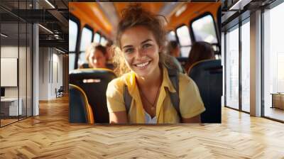 Smiling woman standing between passenger seats of tourist bus travel tourism Wall mural