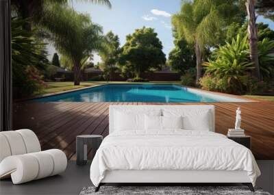 Swimming pool in garden, Wooden floor Wall mural