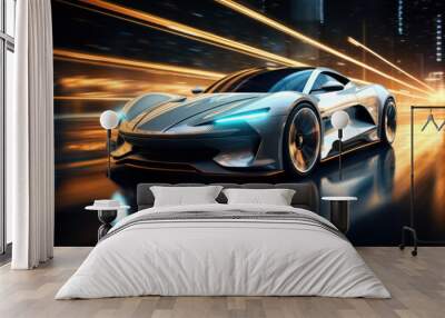 The realism of electric cars Futuristic sports cars on the highway Powerful acceleration of a super car on a night track with lights and trails. 3D illustrations. Realistic wide angle lens. Wall mural