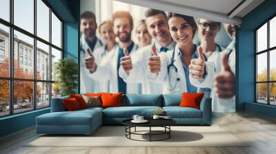 Thumbs up, success and team of doctors for healthcare support, thank you or excellence in hospital services. Medical group Wall mural