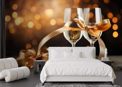 two glasses of champagne with elegantly curved divine gift ribbon Wall mural