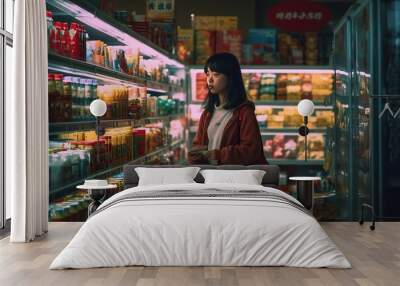 under dim light of supermarket department stores A young Asian girl stands in front of a shelf and browses the available products.;Generated with AI Wall mural