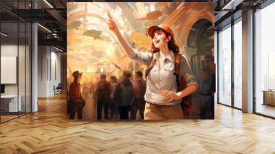 Vector art of a female tour guide and a group of female tourists showing people's tourist attractions. Wall mural