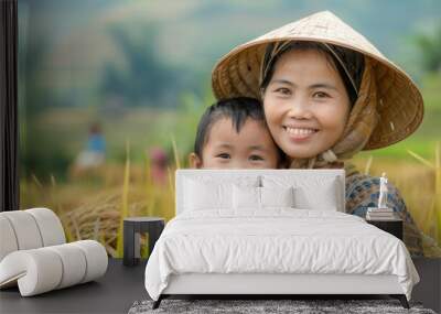 Vietnamese mother and child Terraced rice spa There are children in the background. Wall mural