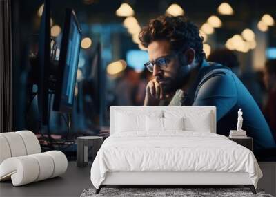 Waist-up view of bearded man wearing eyeglasses and casual attire, sitting in front of computer in modern office, Wall mural