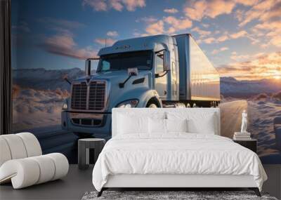 White industrial heavy commercial long haul semi-truck frozen cargo in refrigerated semi-trailer drives on the interstate multi-lane highway with one-way traffic direction. Wall mural