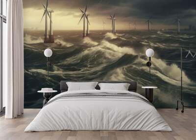 wind farm on sea during storm Wall mural