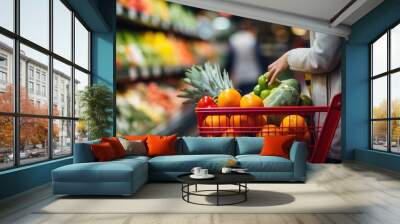 Woman doing grocery shopping at the supermarket. Wall mural