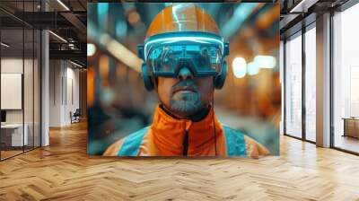 Worker in safety helmet with futuristic AR visor and headphones in a construction site Wall mural