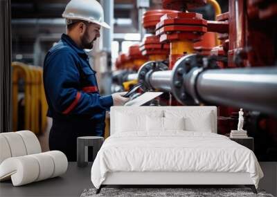 Worker supervisor in district heating plant doing quality control and inspection of pipes and valves. Wall mural