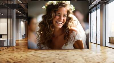 Young bride at her summer wedding Convey real emotions Wall mural