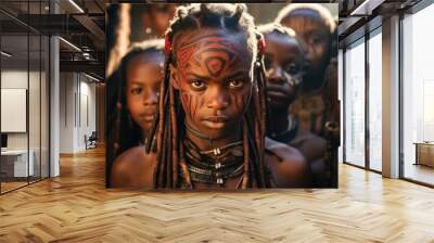 young people and children From an African tribe complete with cultural tattoos, cosmetics, and stone-wood spear weapons. Ethnic groups in Africa Wall mural