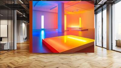 An art installation with bright, colorful lights and mirrors Wall mural