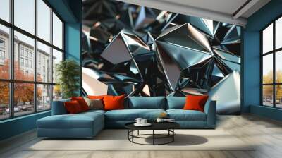 Intricate 3D geometric shapes made of polished metal, abstract , background Wall mural