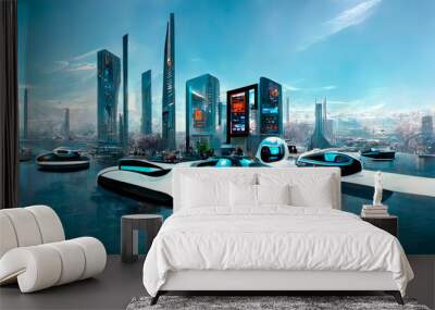 Futuristic urban landscape. Virtual reality. Megapolis with robotic computer technologies. 2025. illustration. Wall mural