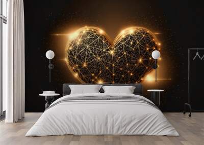 Luxury golden light shiny heart with floral and geometric ornament on brown background. Hearts with stars, sparkling, constellation, galaxy Wall mural