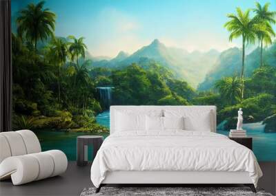 Palm trees against blue sky, tropical coast with waterfall and mountains on a background, river, lake with turquoise water. Summertime. Wall mural